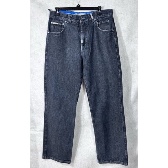Log Mens Denim Jeans Blue 34 Hip Hop Y2K Embroidered Pockets Ramie Cotton - Picture 1 of 13